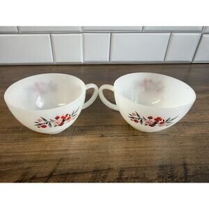 2 Vintage Fire King Milk Glass Mug with Primrose Design. Grandmacore